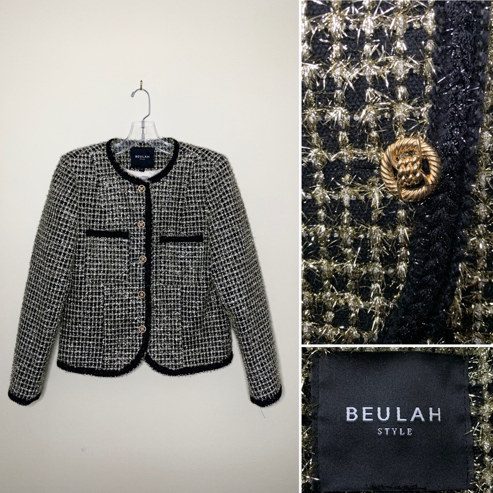 Beulah style black/gold tweed jacket , long sleeves, front closure Size S - Picture 3 of 14